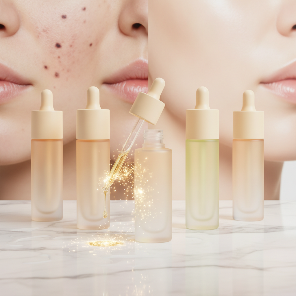 Five vitamin C serums, one dripping luminous serum turning into particles, skin before-after in back.