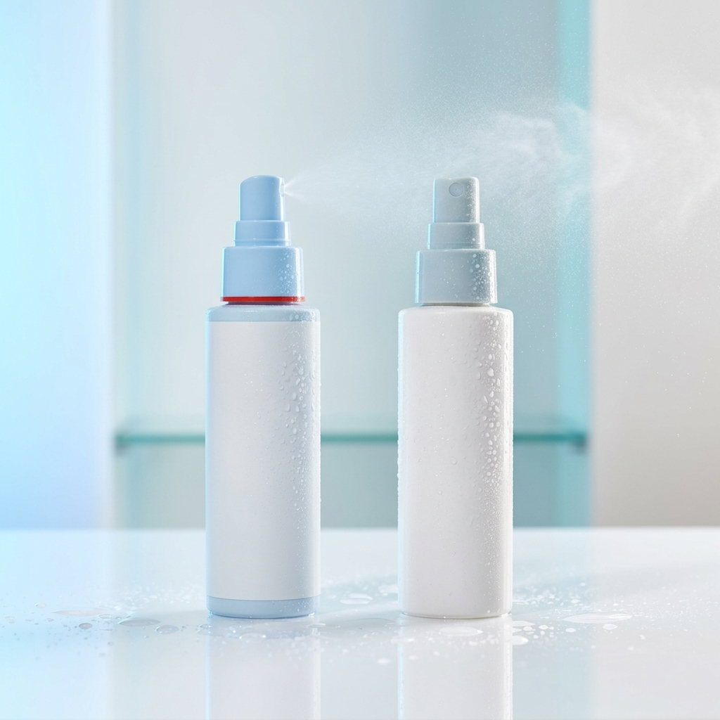 Two label-free facial mist bottles on wet acrylic, cool blue and white light.