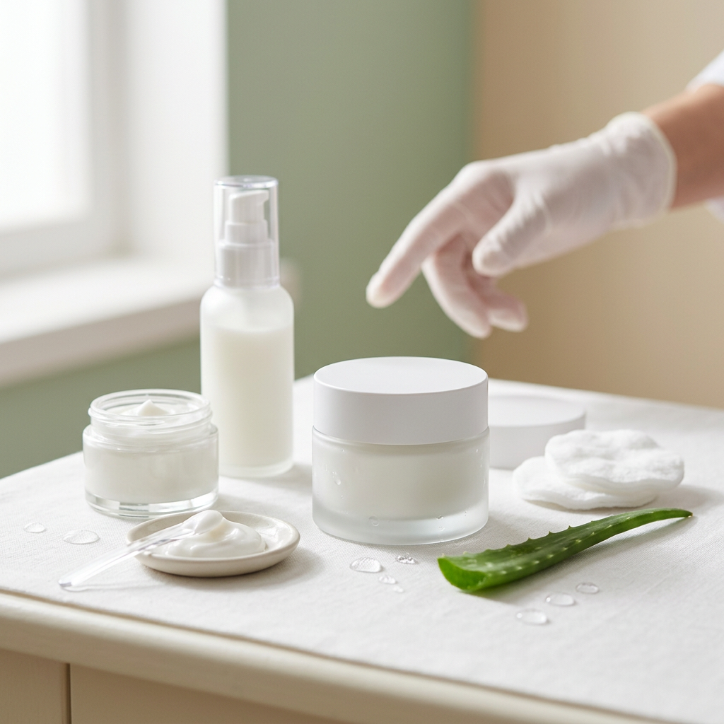 Moisturizers arranged on an ivory vanity with a gloved hand.