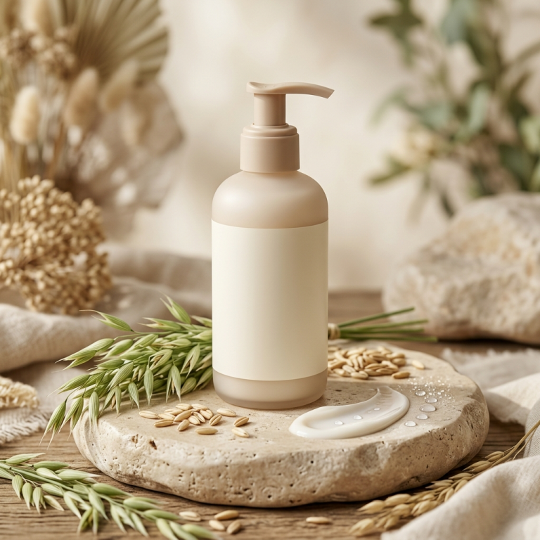 Unscented moisturizer pump bottle on stone with oats and lotion in soft spa light
