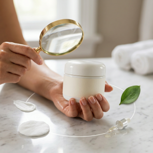Woman holding blank moisturizer jar under magnifying glass with four skincare steps on marble