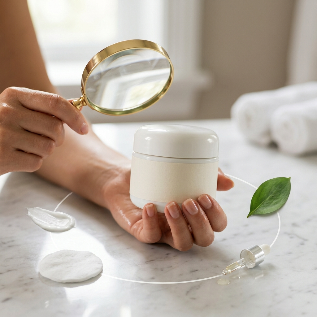 Woman holding blank moisturizer jar under magnifying glass with four skincare steps on marble