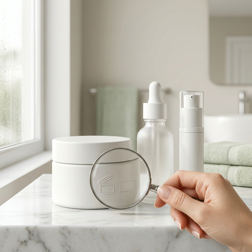 Close-up of skincare products on marble; magnifying glass over cream jar base.